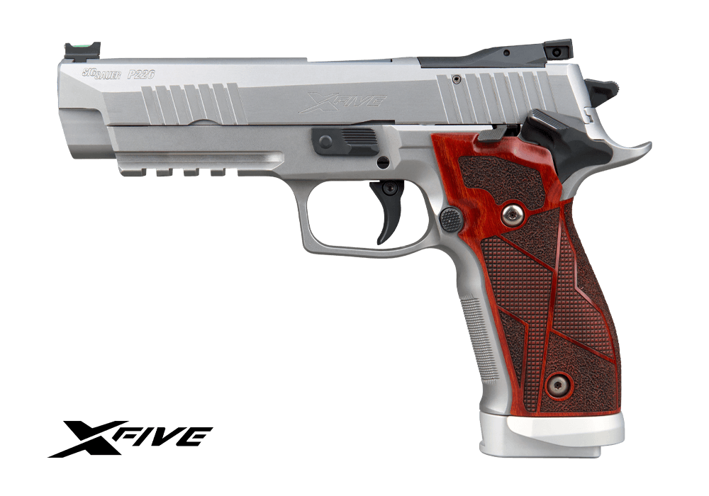SIG SAUER P226 X5 CUSTOM WORKS STAINLESS 9MM PISTOL SAO, WOOD GRIPS 3-10RD MAGS